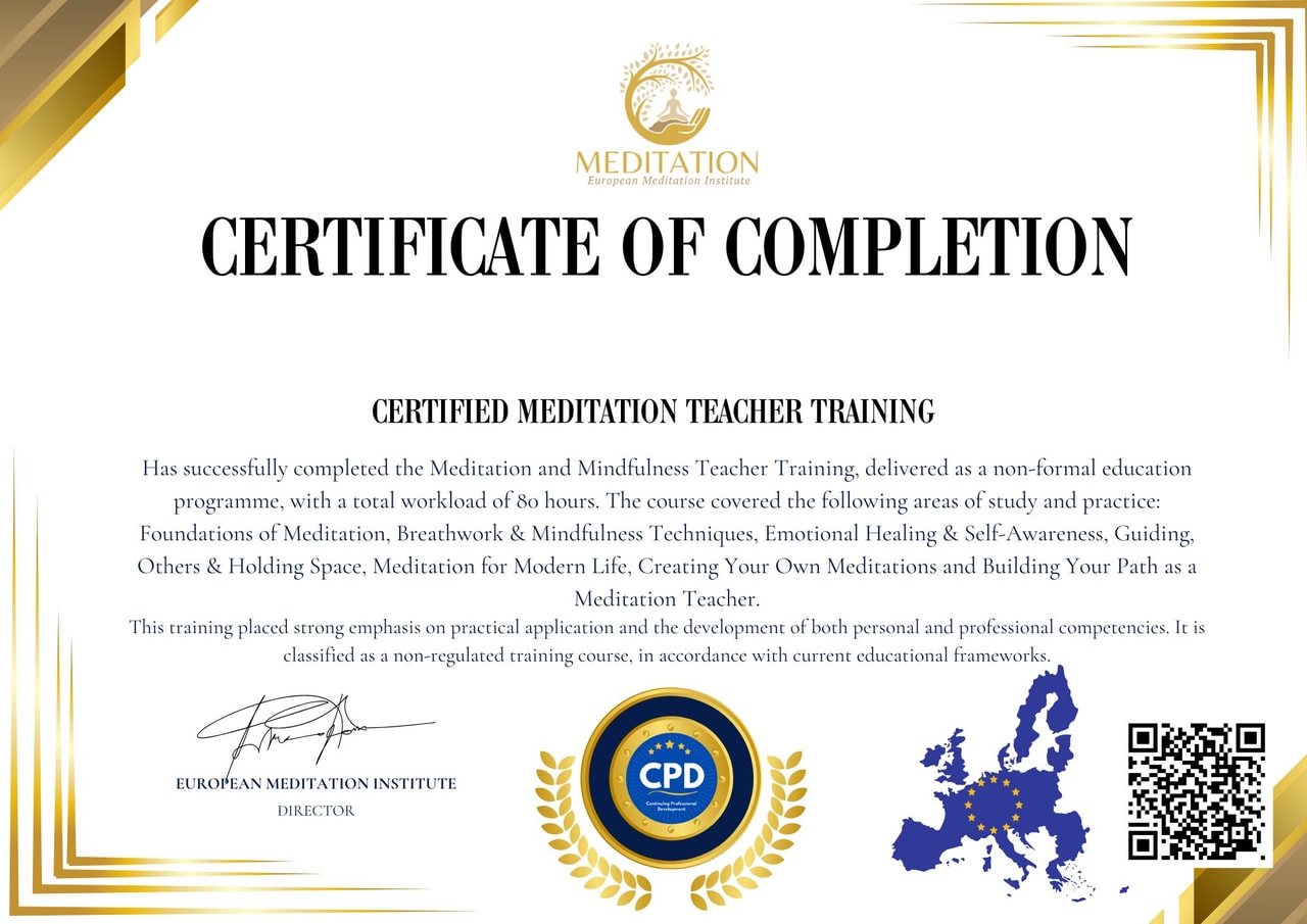 EMI Professional Meditation Instructor Certificate of Completion — CPD UK Accredited, featuring official seal, European map, QR verification code, and director signature